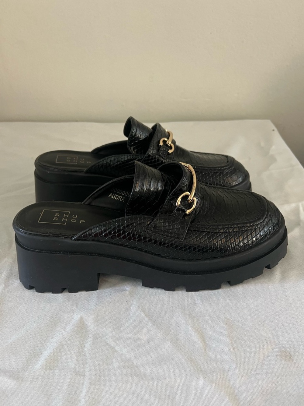 ShuShop Black Croc-Embossed Platform Mule with Gold Hardware